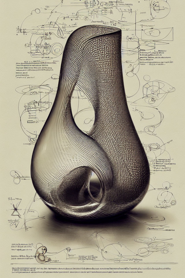 Intricate 3D Möbius Sculpture on Engineering Sketch Background