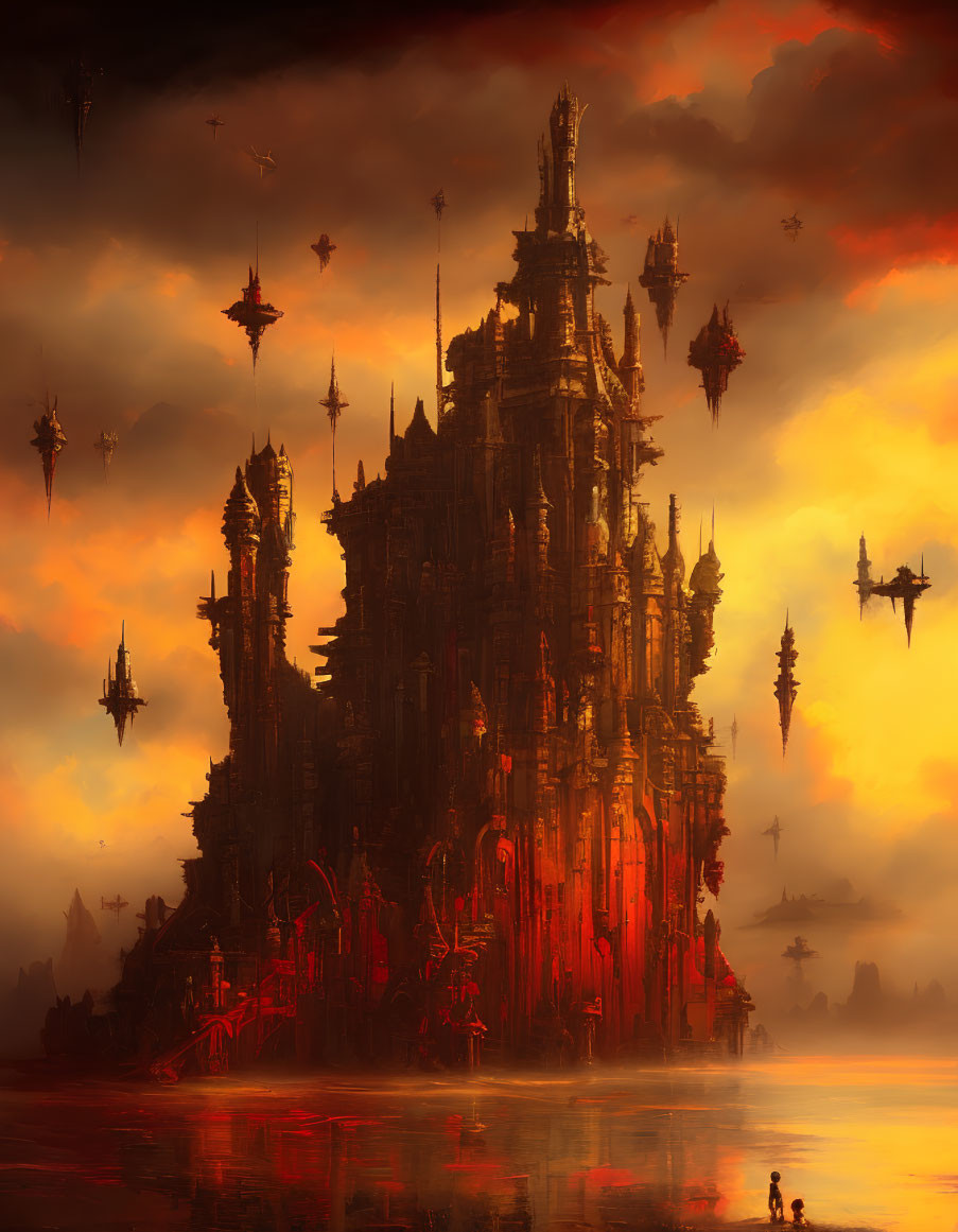 Dark Gothic Citadel Surrounded by Airborne Ships in Dystopian Scene