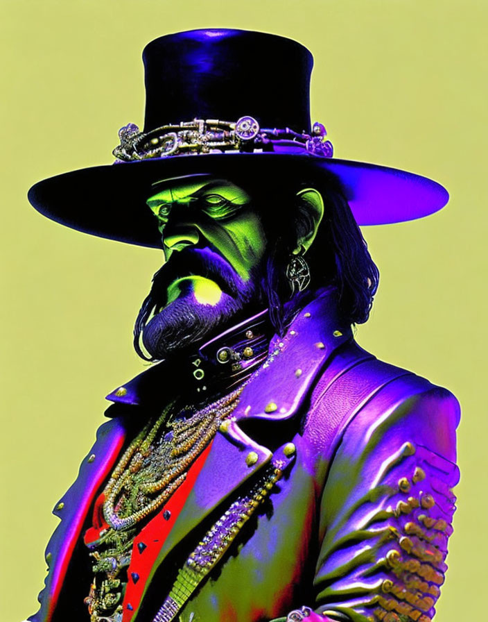 Stylized image: Man with green-tinted skin, top hat with gears, purple leather