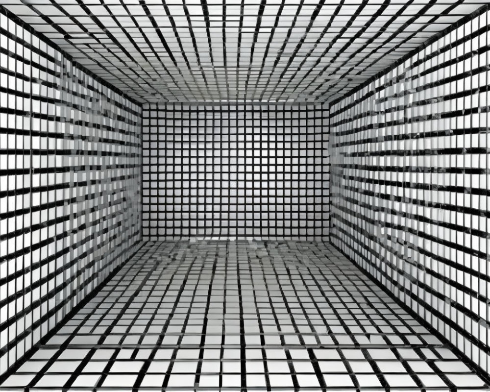 Abstract 3D digital grid cubic room with glowing edges