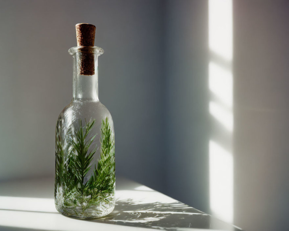 Transparent glass bottle with cork stopper and green leaves under sunlight and shadows.