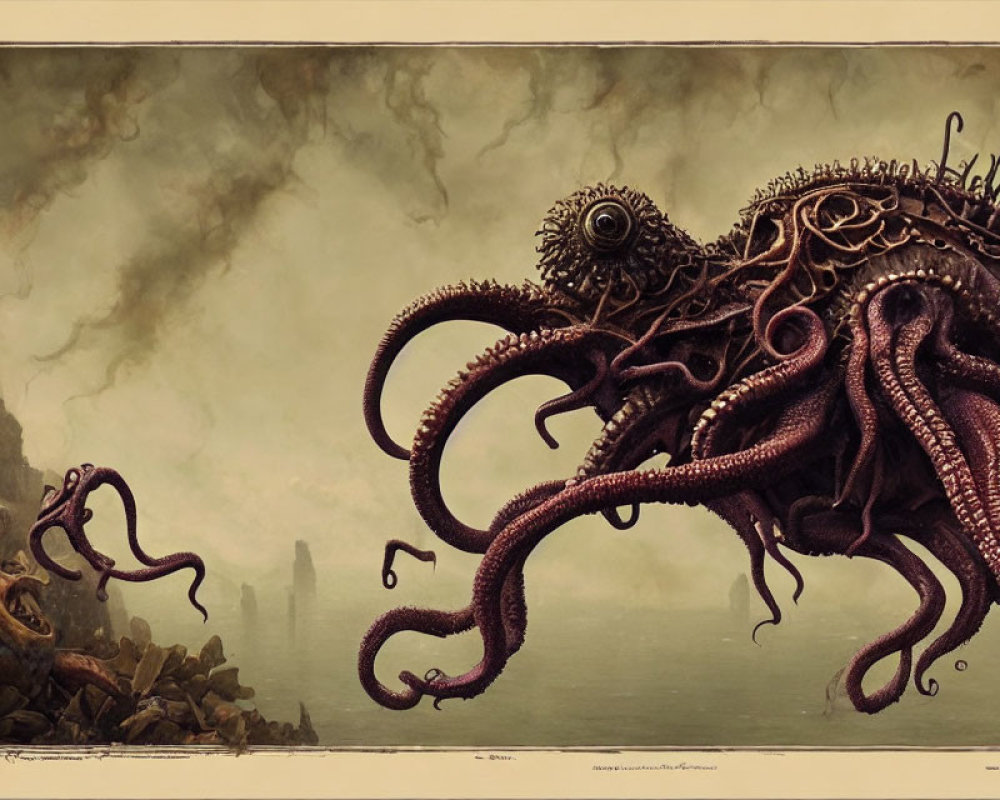 Large Octopus-Like Creature with Tentacles and Single Eye in Surreal Landscape