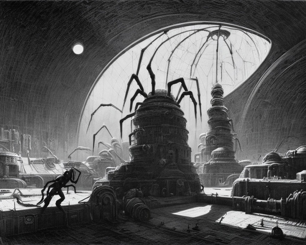 Monochrome sci-fi landscape with robotic spider over futuristic city under dome