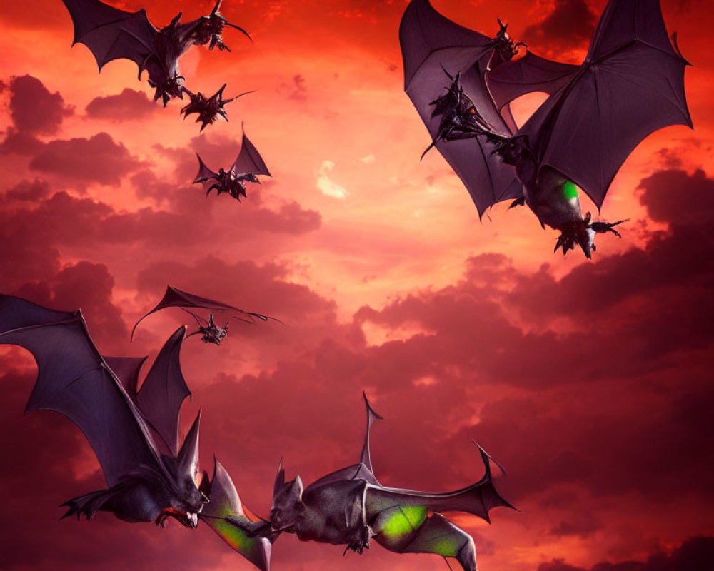 Stylized bats flying in red sky with moon glimpses