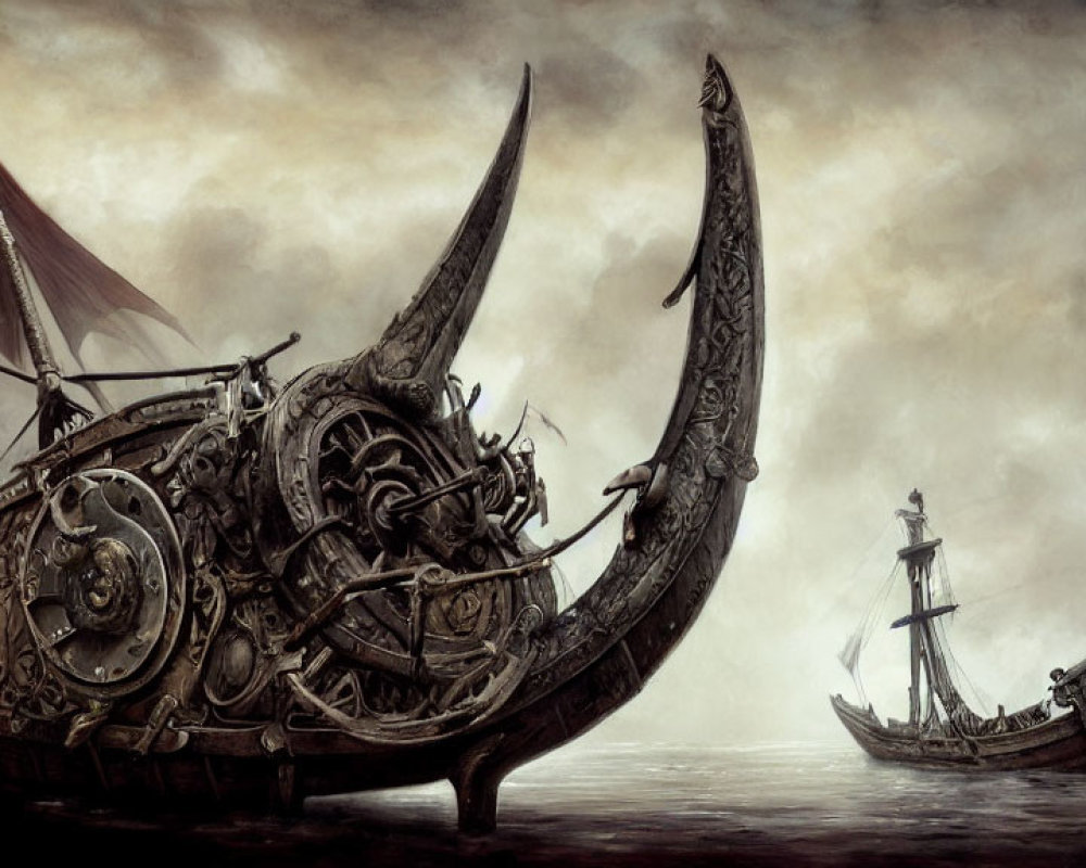 Ancient ship with towering figurehead in misty seas near smaller vessel