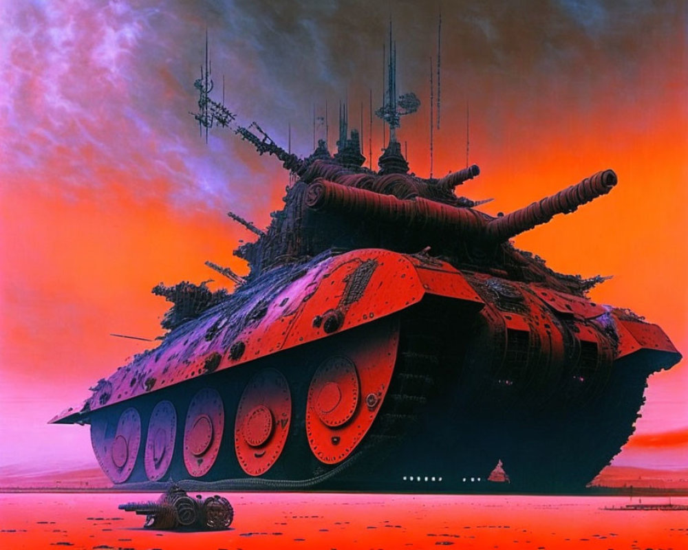 Gigantic futuristic tank with multiple cannons under a reddish sky on orange terrain