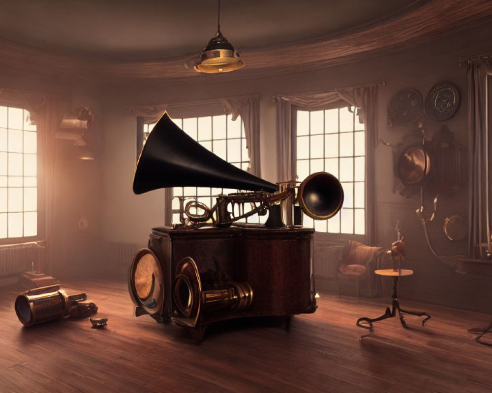 Vintage-styled room with gramophone, antique furniture, clocks, and warm lighting