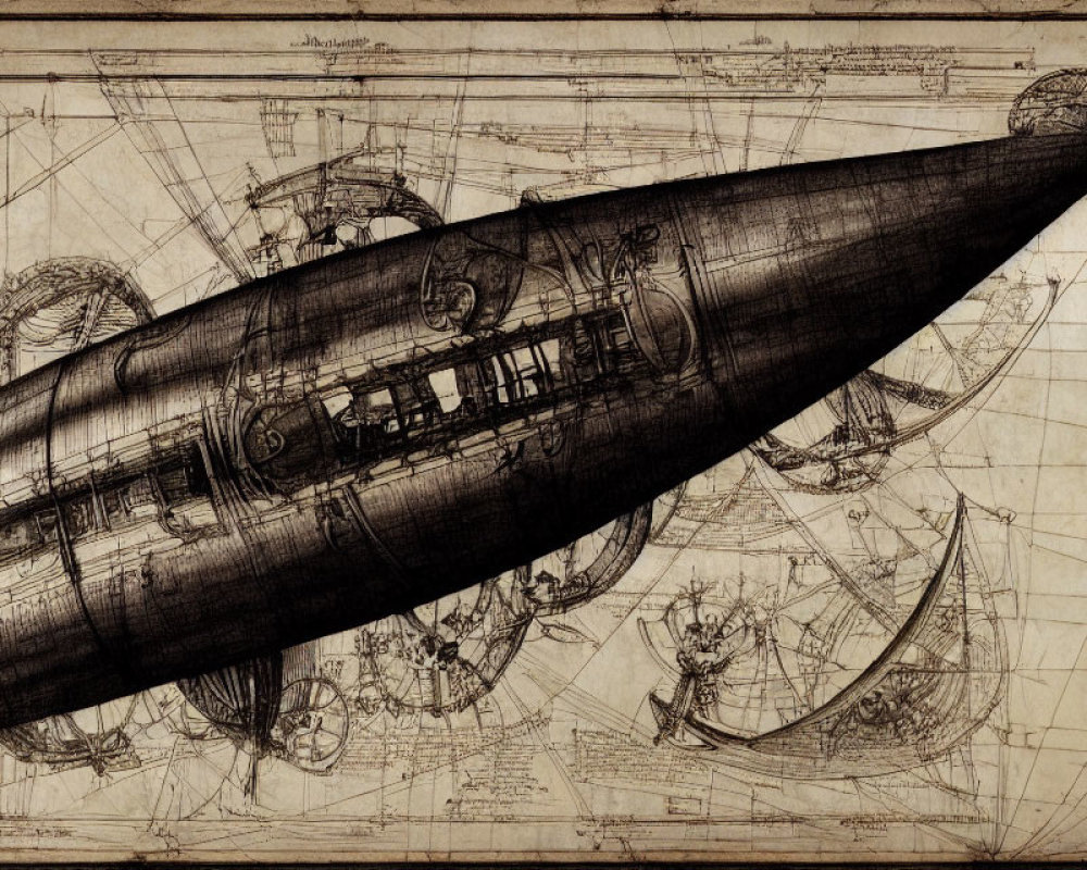 Detailed Vintage Engineering Drawing of Futuristic Submarine