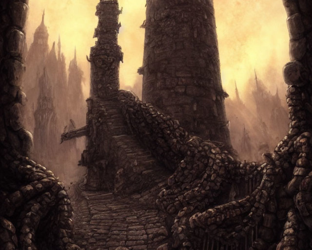 Stone tower with spiral staircase, tentacle-like structures, dusky sky, and archway view.