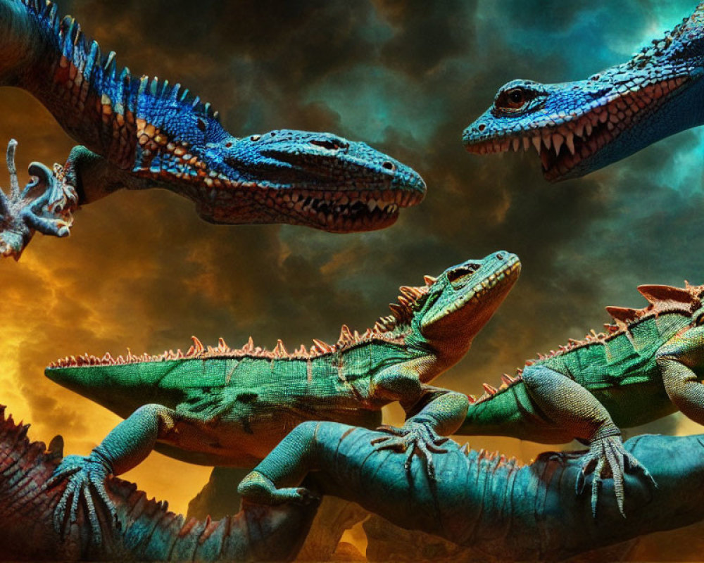 Colorful CGI iguanas transformed into dragon-like creatures perched on tree branches under a dramatic sky