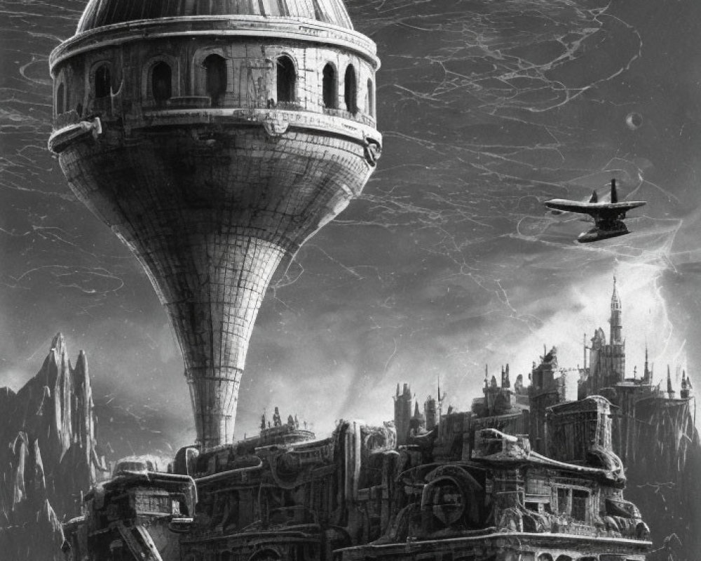 Monochrome futuristic cityscape with spherical tower and flying aircraft