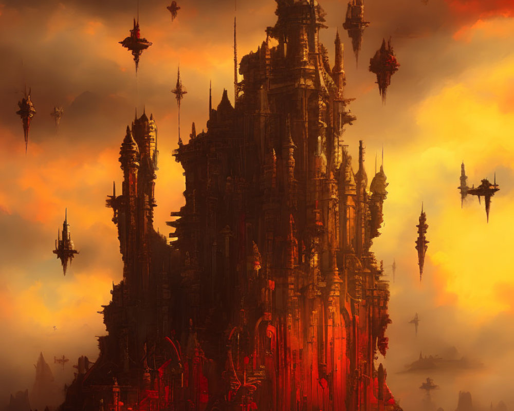 Dark Gothic Citadel Surrounded by Airborne Ships in Dystopian Scene