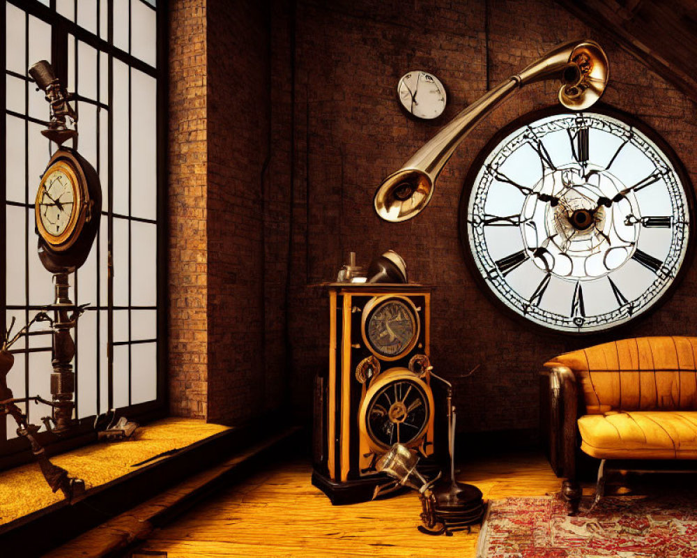 Vintage-inspired room with exposed brick walls, large clock, gramophone, barometer, leather sofa,