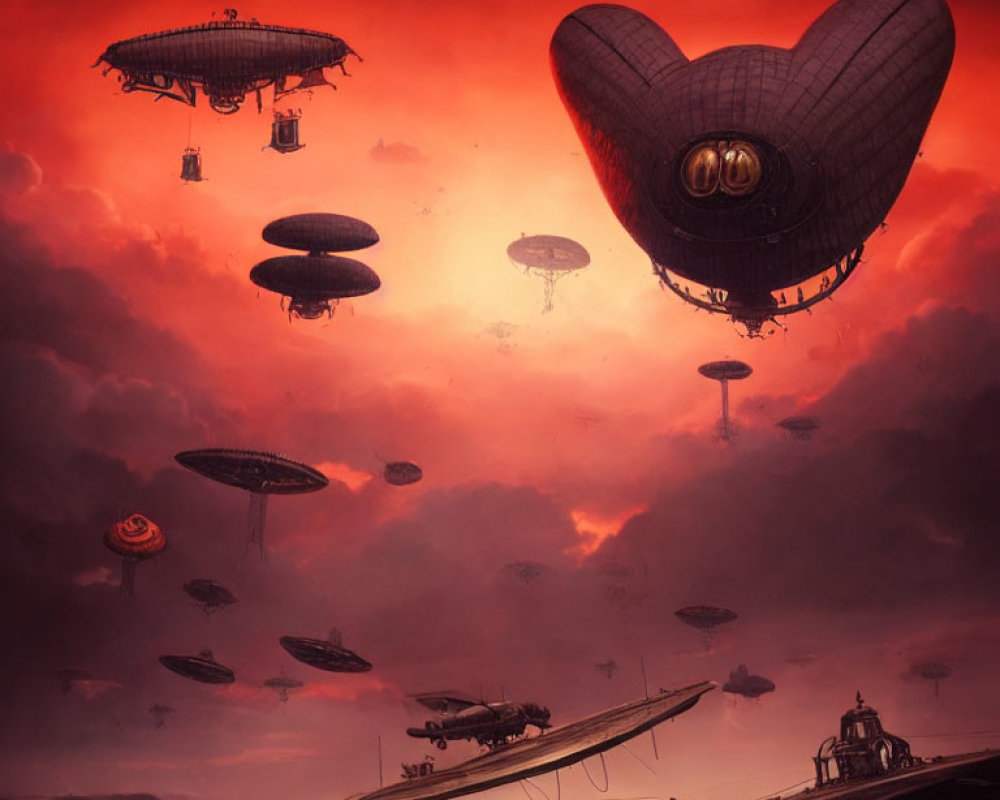 Fantastical sunset sky with airships and heart-shaped vessel