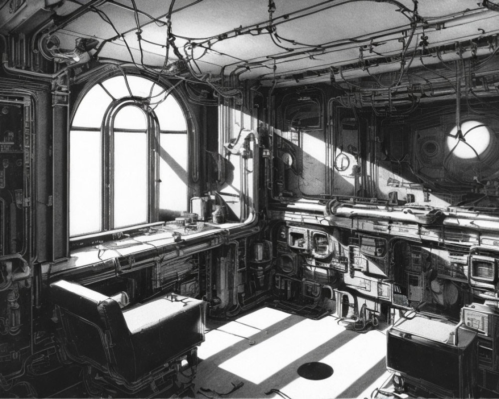 Detailed black and white retro-futuristic control room sketch with large windows and armchairs