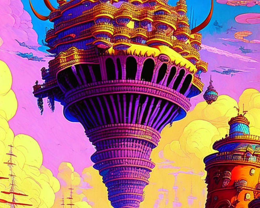 Colossal inverted cone-shaped structure with golden-domed buildings in vibrant, otherworldly image