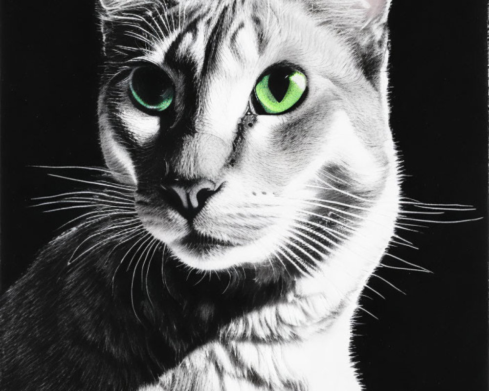 Monochrome cat with captivating green eyes direct gaze