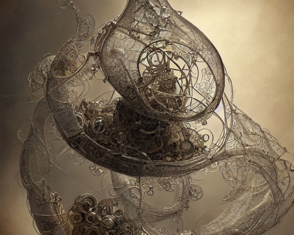 Steampunk-inspired artwork of vase with mechanical gears on sepia background