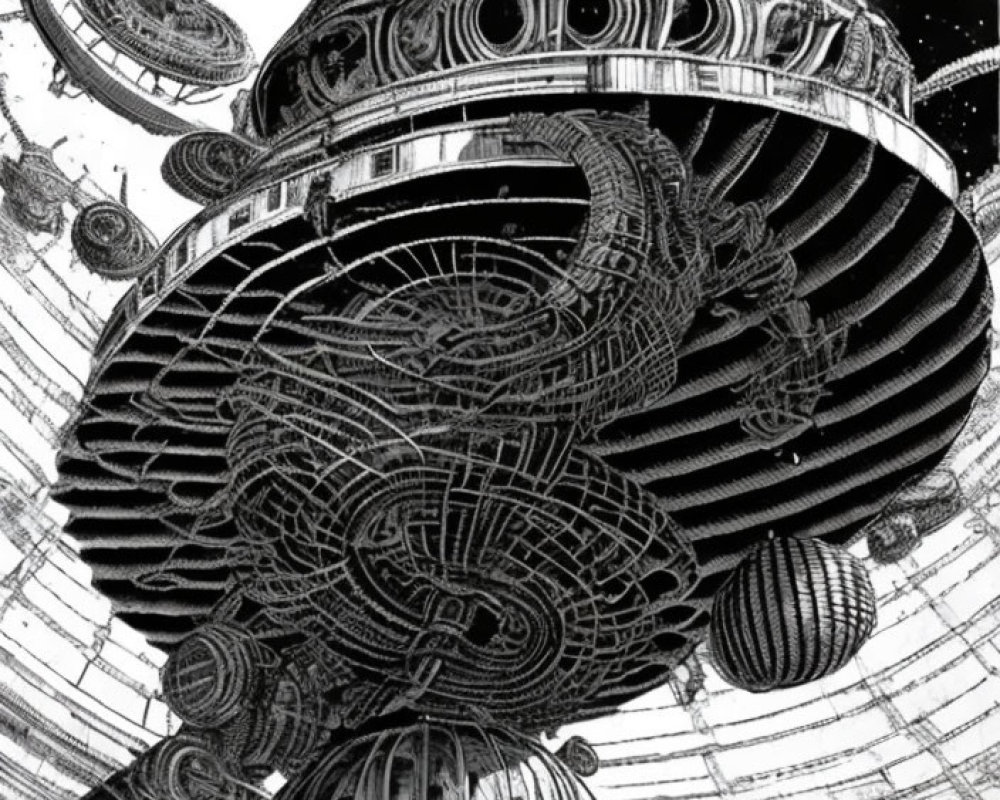 Detailed Black and White Illustration of Futuristic Space Station