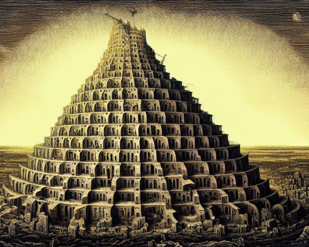 Detailed drawing of towering multi-tiered ziggurat against hatched sky