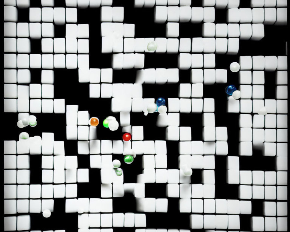 Maze with White Walls and Colorful Balls on Black Background