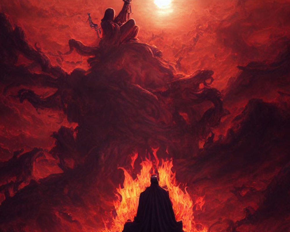 Robed figure in fiery landscape facing menacing throne