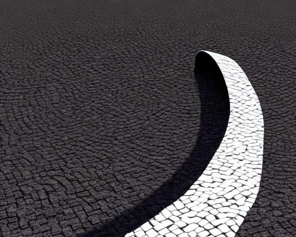 White cobblestone path contrasts with cracked black surface under bright light