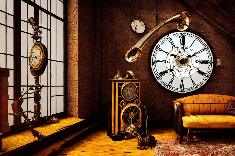 Vintage-inspired room with exposed brick walls, large clock, gramophone, barometer, leather sofa,