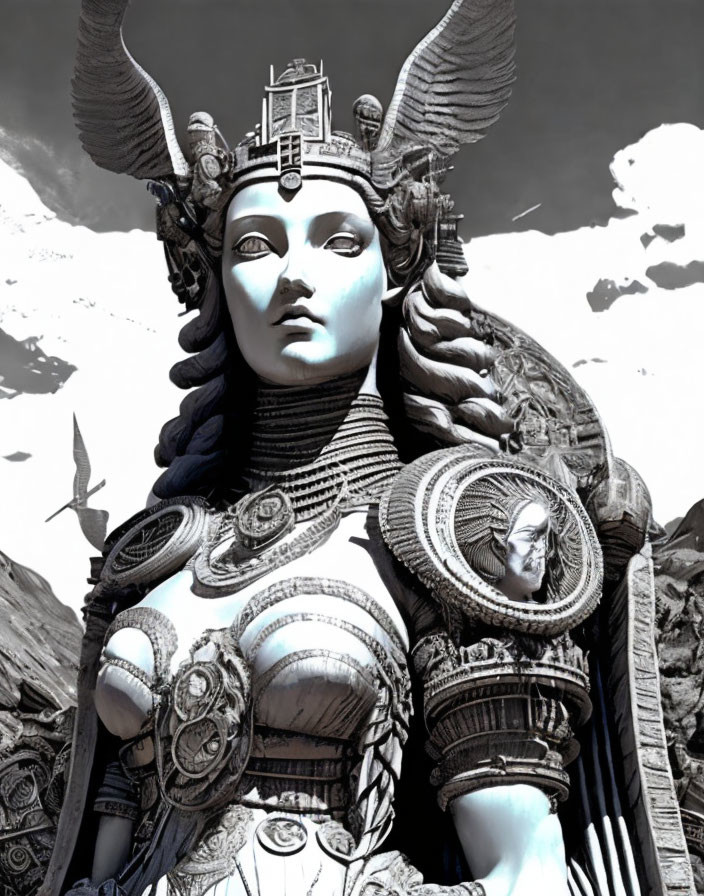 Digital artwork: Majestic female figure in intricate armor and winged helmet against stark mountain backdrop