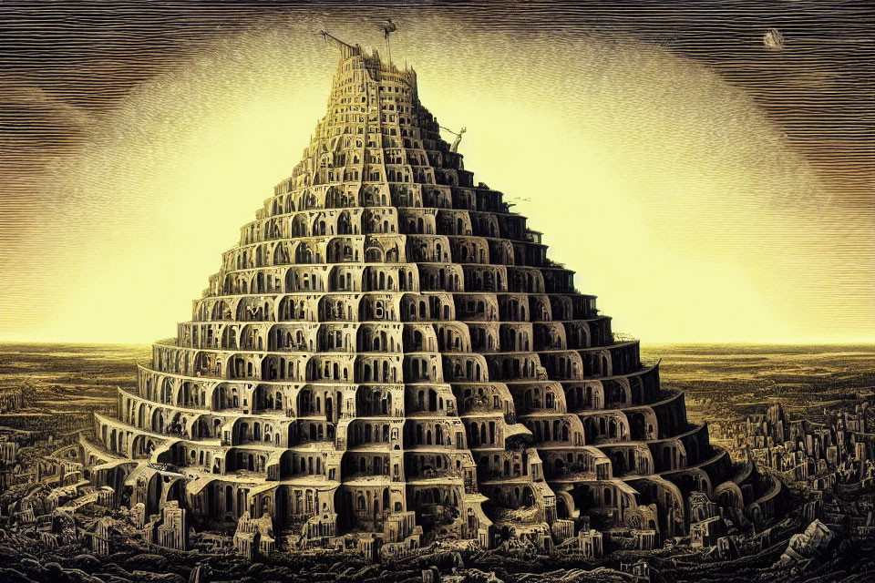 Detailed drawing of towering multi-tiered ziggurat against hatched sky