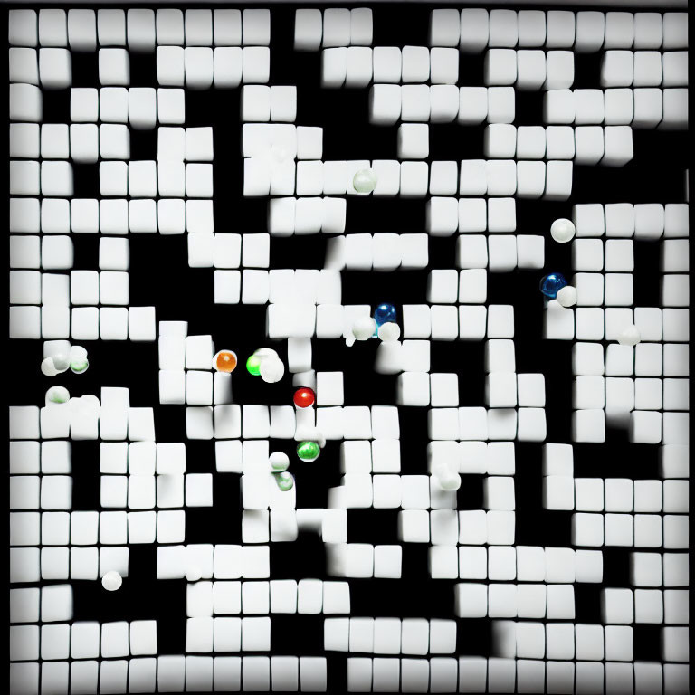 Maze with White Walls and Colorful Balls on Black Background