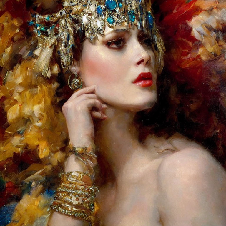 Woman's Portrait with Ornate Headdress and Striking Makeup