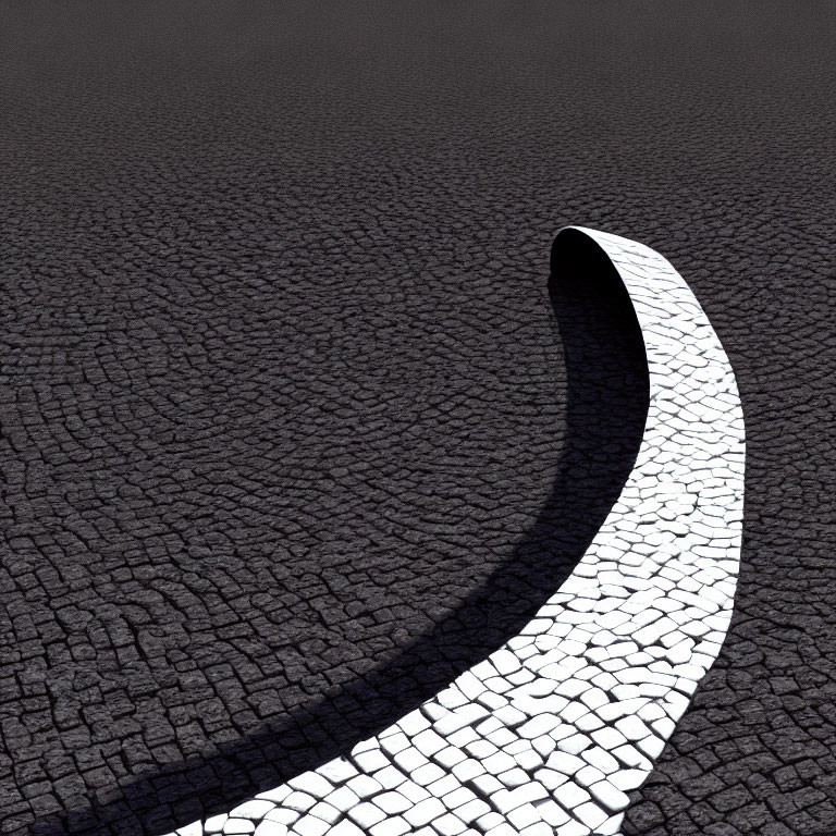 White cobblestone path contrasts with cracked black surface under bright light