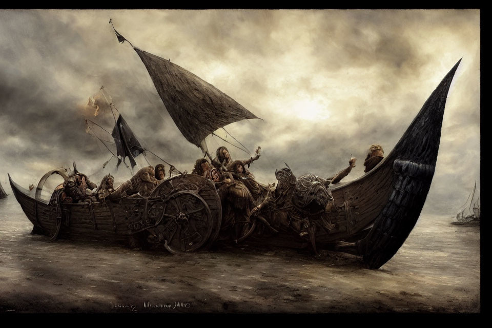 Viking warriors on longship under stormy skies