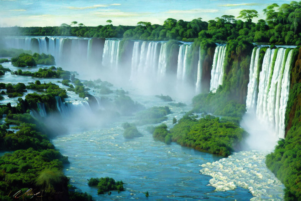 Panoramic View of Cascading Waterfalls in Lush Green Forest