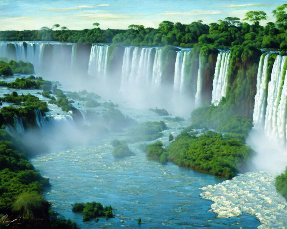 Panoramic View of Cascading Waterfalls in Lush Green Forest