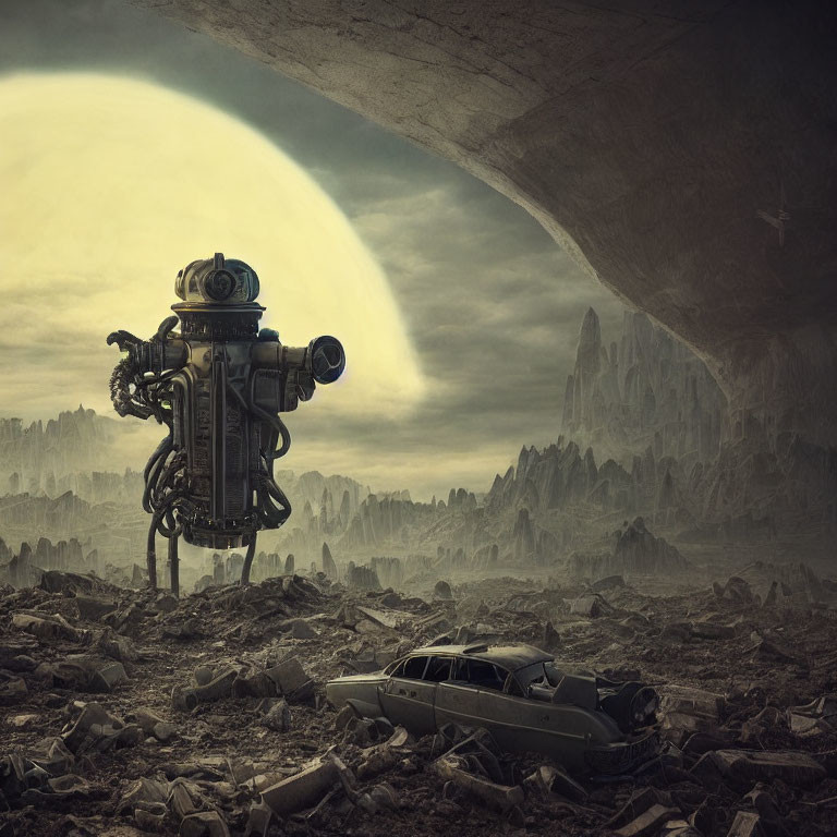 Detailed Robot Standing in Desolate Landscape with Massive Arch