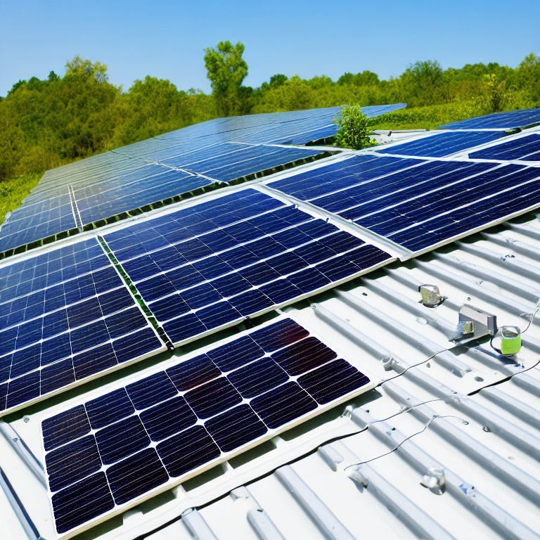 Metal roof solar panels under clear blue sky with greenery