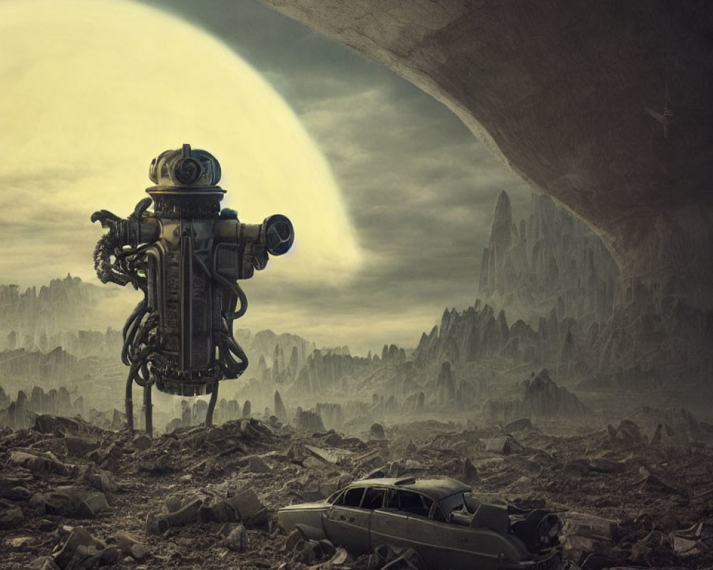 Detailed Robot Standing in Desolate Landscape with Massive Arch