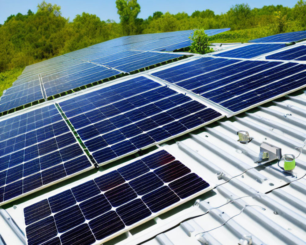 Metal roof solar panels under clear blue sky with greenery