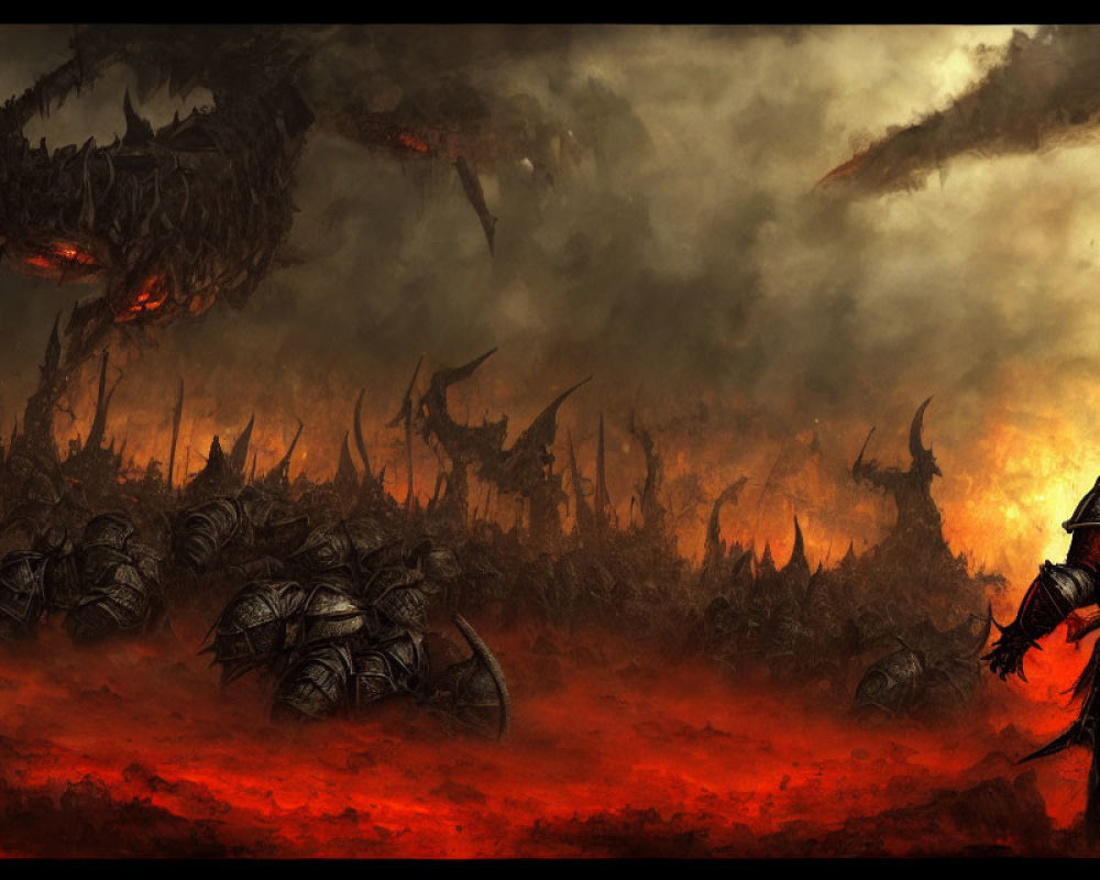 Dark Fantasy Battlefield with Fiery Skies and Massive Skeletal Structure