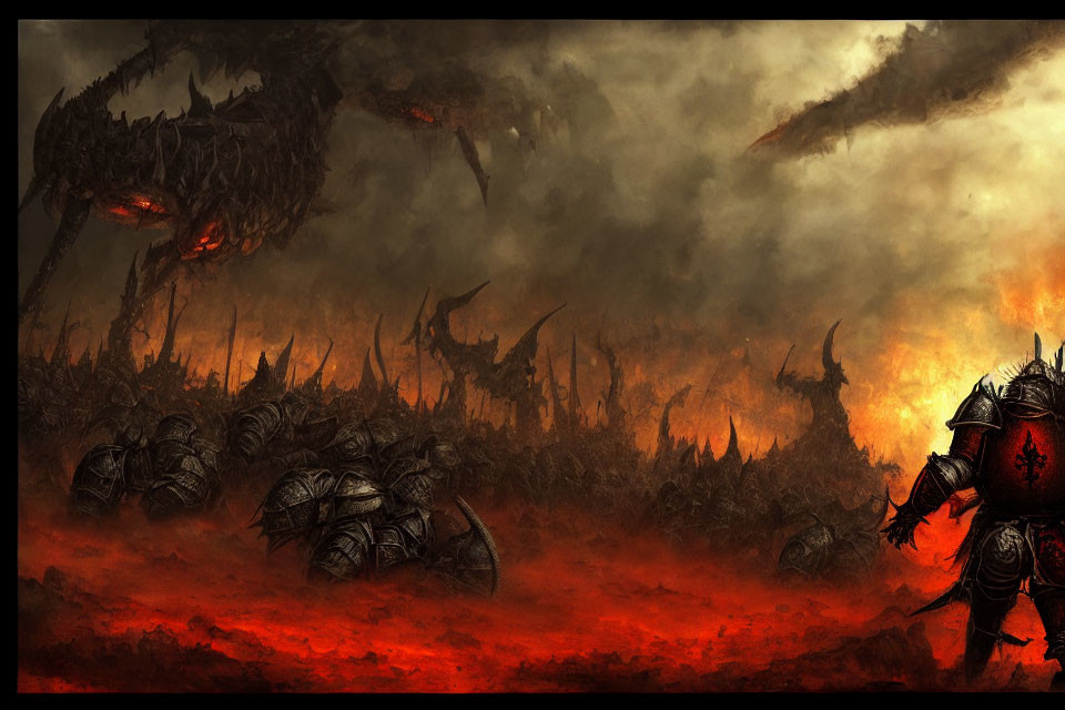 Dark Fantasy Battlefield with Fiery Skies and Massive Skeletal Structure