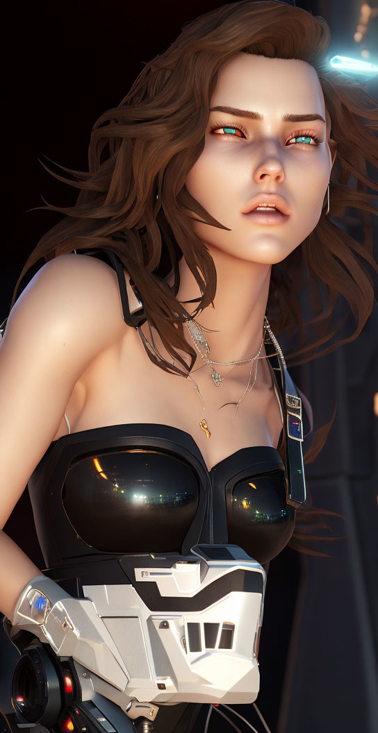 Digital artwork of woman with brown hair, green eyes, futuristic attire, metallic arm piece, headset