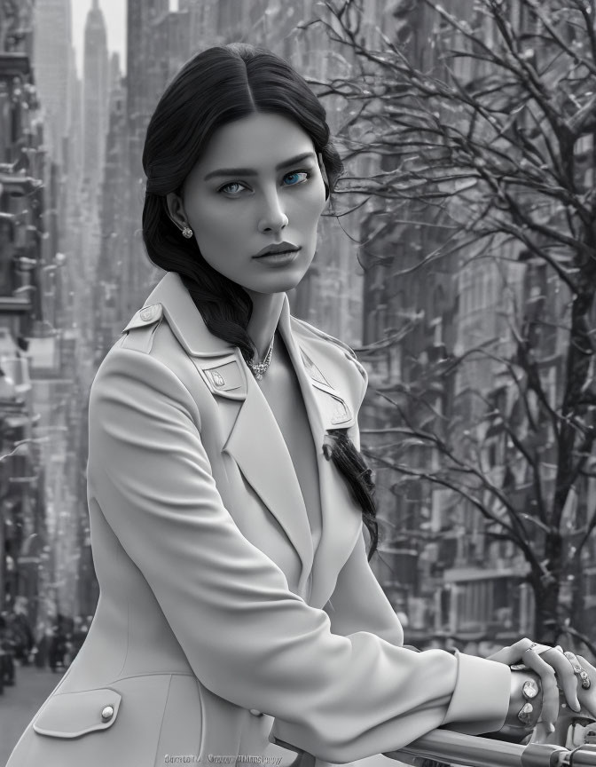 Monochrome image of woman with blue eyes, dark hair, white jacket, leaning on bike.