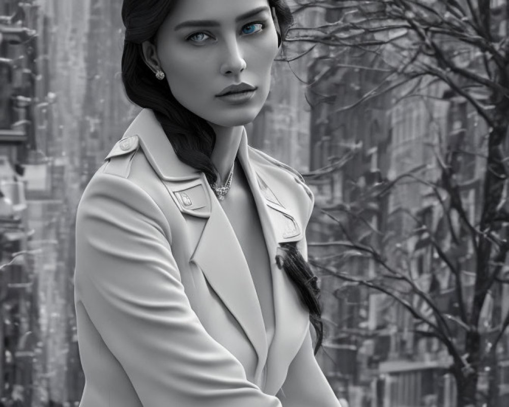 Monochrome image of woman with blue eyes, dark hair, white jacket, leaning on bike.