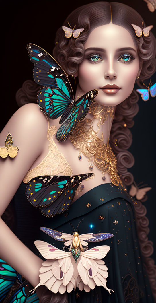 Woman adorned with golden jewelry and butterflies on dark, starry background