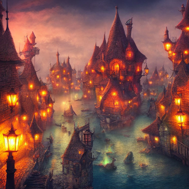 Mystical village twilight scene with warm lanterns and foggy atmosphere