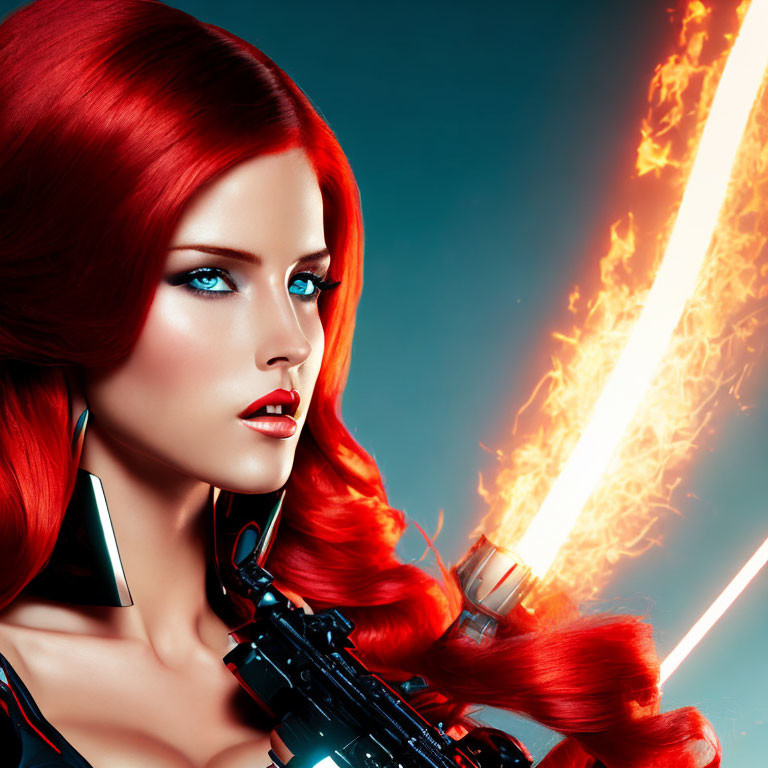 Digital Artwork: Female Figure with Red Hair, Blue Eyes, Futuristic Suit