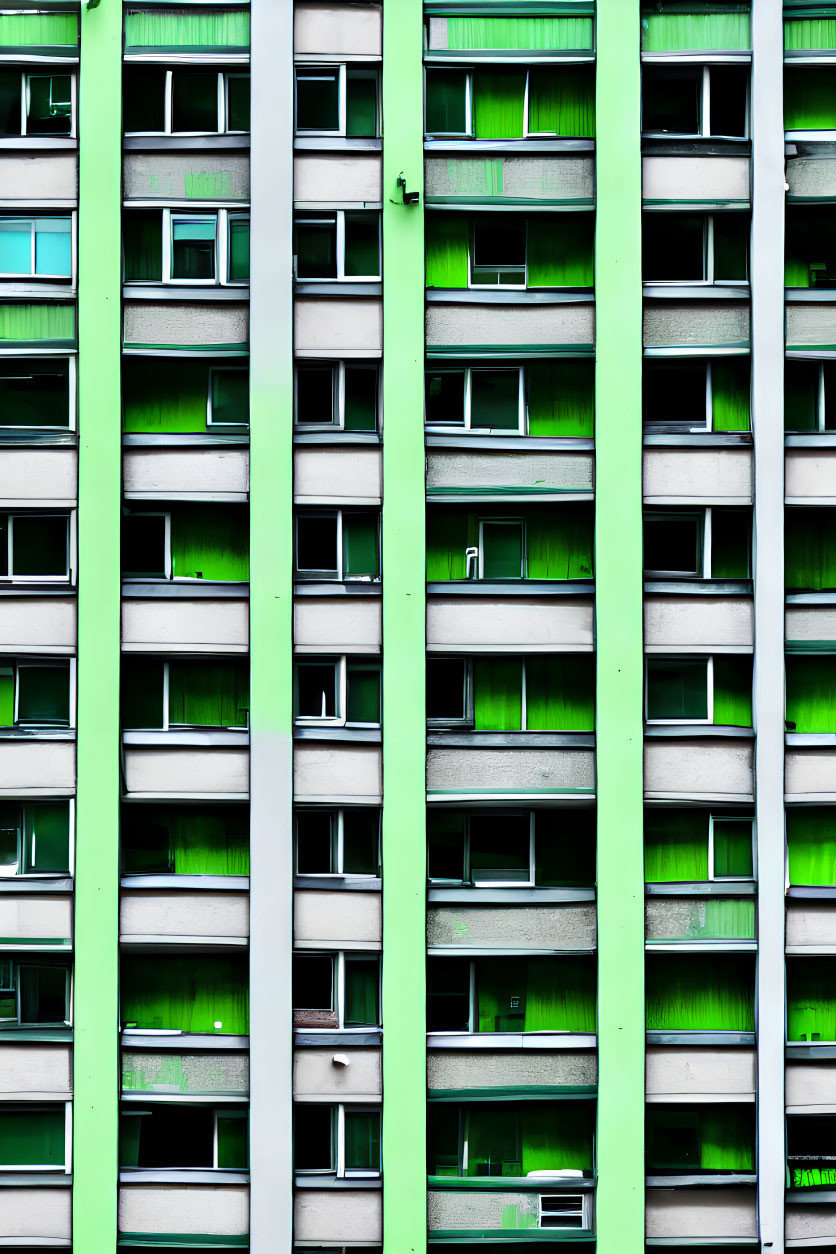 Building facade with repetitive window patterns and green panels.