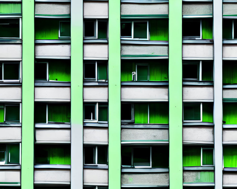 Building facade with repetitive window patterns and green panels.